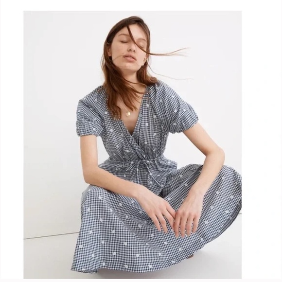 Madewell: Embroidered Gingham Faux-Wrap Tie-Waist Midi Dress (NWOT) - Picture 4 of 8
